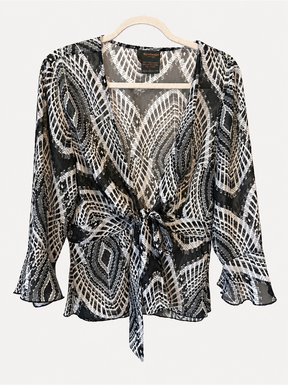 SERE NADE Vintage Sheer Geometric Tie-Front Blouse | Size Large